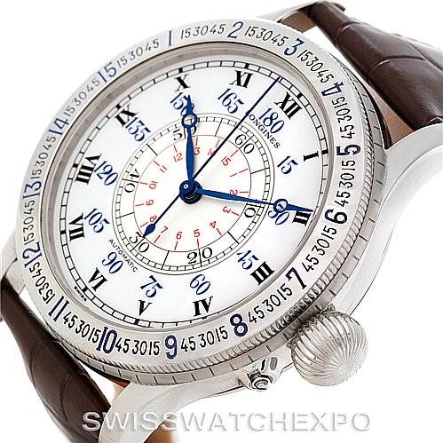 The image shows a close-up angle of the Longines L2.678.4.11.0 Men
s Stainless Steel White Dial L2.678.4.11.0 Men
s Stainless Steel White Dial Heritage Lindbergh Hour Angle Watch L2.678.4.11.0, highlighting the dial and bezel.