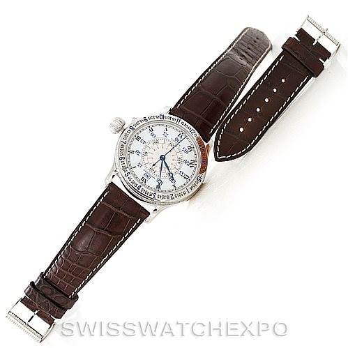 The image shows a top-down view of the Longines L2.678.4.11.0 Men
s Stainless Steel White Dial L2.678.4.11.0 Men
s Stainless Steel White Dial Heritage Lindbergh Hour Angle Watch L2.678.4.11.0 with a detached brown leather strap.