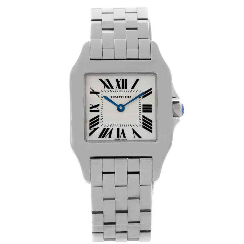 The image shows a front view of a Cartier Santos Demoiselle W25065Z5 Women
s Stainless Steel Silver Dial W25065Z5 Women
s Stainless Steel Silver Dial watch, highlighting its square dial, Roman numerals, and metal bracelet.