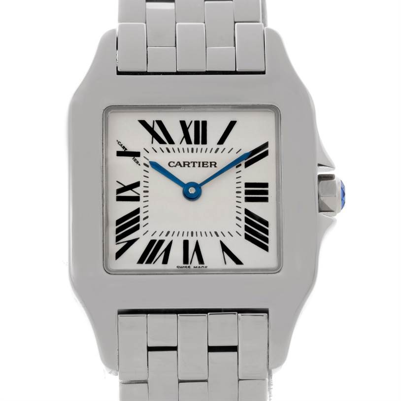 The image shows a front view of the Cartier Santos Demoiselle W25065Z5 Women
s Stainless Steel Silver Dial W25065Z5 Women
s Stainless Steel Silver Dial watch, highlighting its face, bezel, and part of the bracelet.