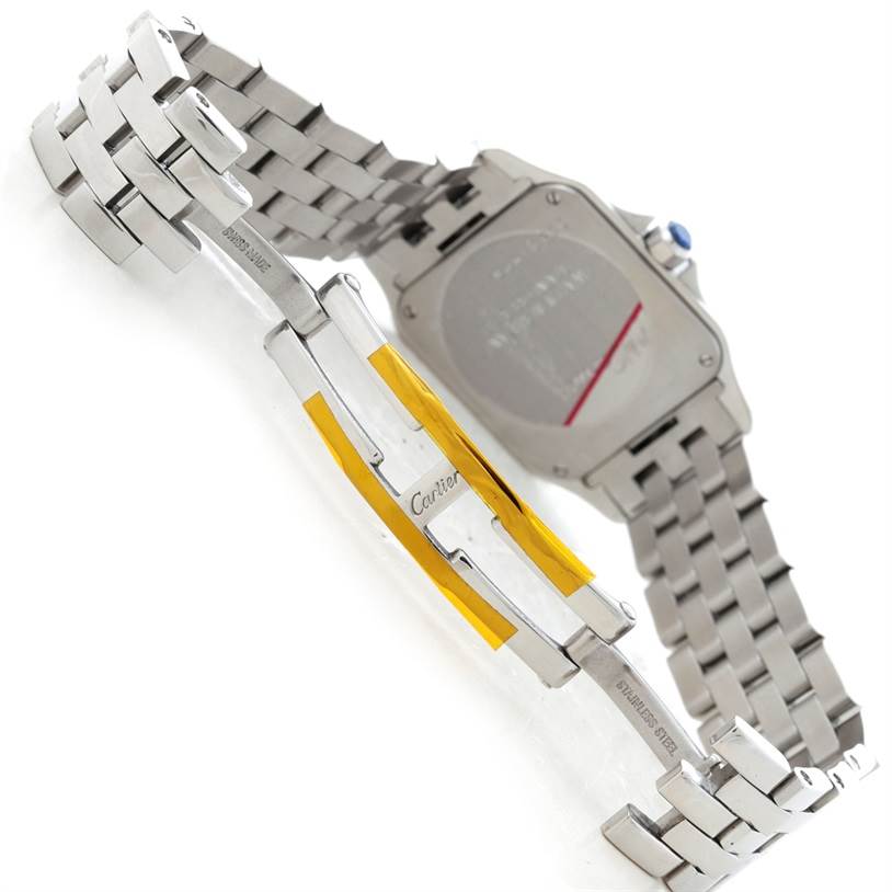 The image shows the Santos Demoiselle by Cartier from the back view, focusing on the stainless steel bracelet and clasp.