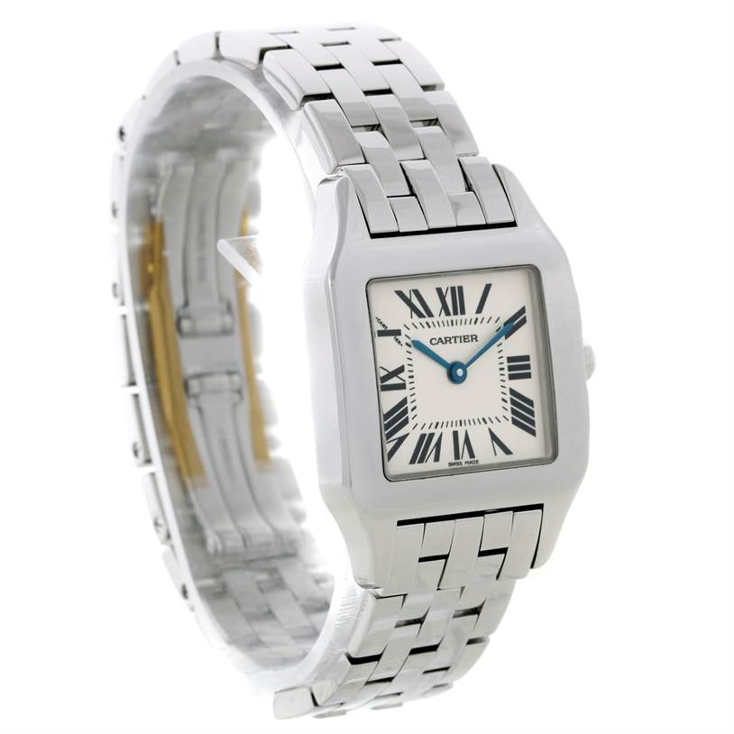 This image shows the front angle of the Cartier Santos Demoiselle W25065Z5 Women
s Stainless Steel Silver Dial W25065Z5 Women
s Stainless Steel Silver Dial watch, highlighting its face, bezel, and bracelet.