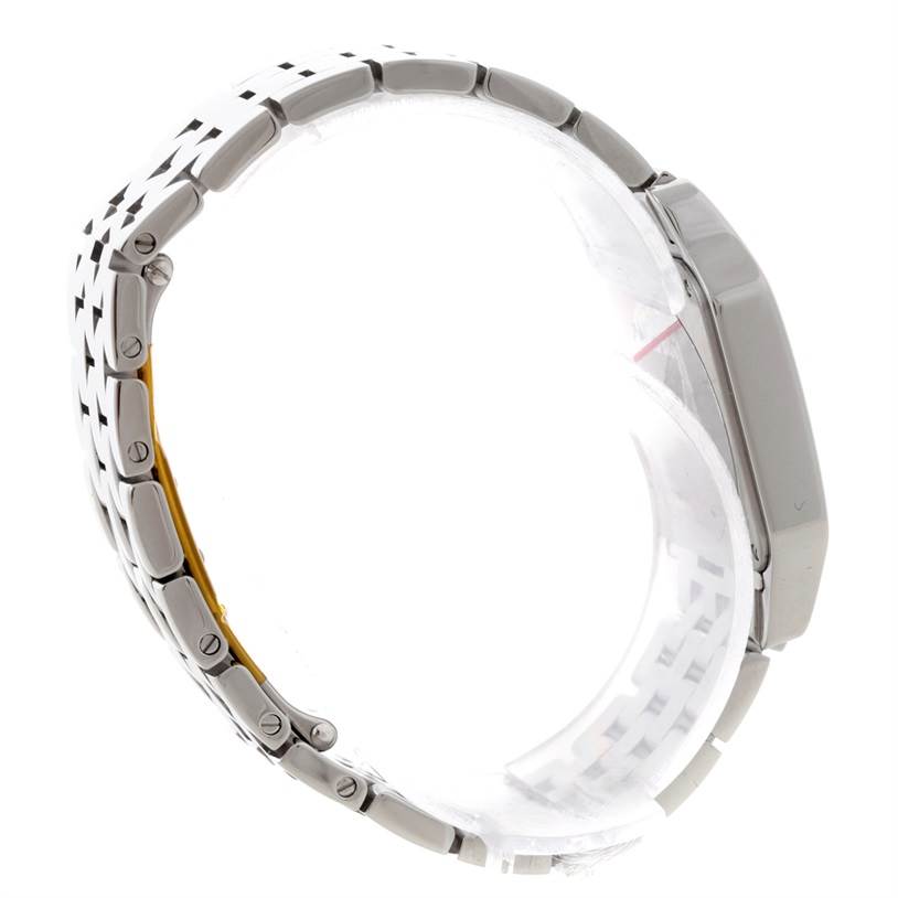 This image shows a side view of the Santos Demoiselle model by Cartier, focusing on the bracelet and watch case edge.