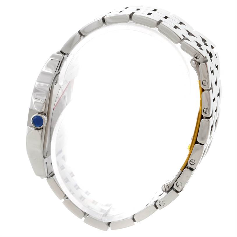 The image shows a side view of the Cartier Santos Demoiselle W25065Z5 Women
s Stainless Steel Silver Dial W25065Z5 Women
s Stainless Steel Silver Dial watch, highlighting the bracelet and side profile of the case with the blue cabochon crown.