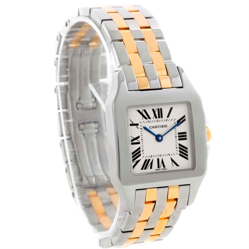 The image shows a Cartier Santos Demoiselle W25067Z6 Women's Steel and Gold (two tone) Silver Dial W25067Z6 Women's Steel and Gold (two tone) Silver Dial watch from a front angle, highlighting the face, bezel, and two-tone metal bracelet.