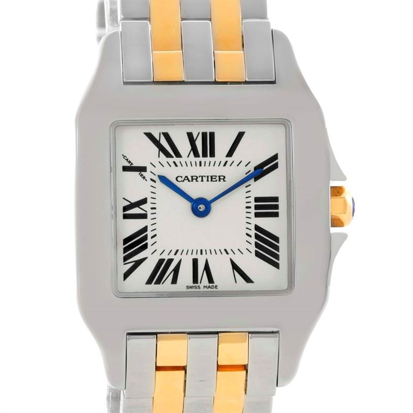 The image shows a front angle view of the Cartier Santos Demoiselle W25067Z6 Women's Steel and Gold (two tone) Silver Dial W25067Z6 Women's Steel and Gold (two tone) Silver Dial watch, highlighting the dial, hands, and part of the metal bracelet.