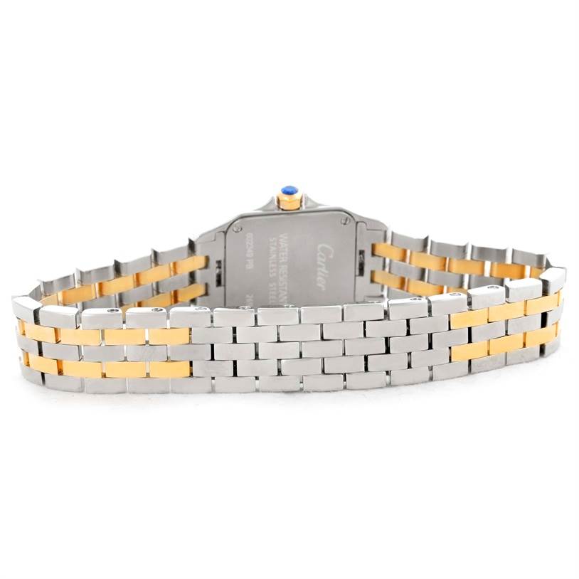 The image shows the back view of the Cartier Santos Demoiselle W25066Z6 Women's Steel and Gold (two tone) Silver Dial W25066Z6 Women's Steel and Gold (two tone) Silver Dial watch, focusing on its gold and silver bracelet and case back.