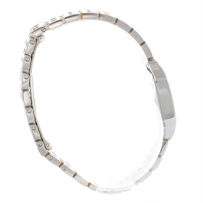 The image shows a side view of the Cartier Santos Demoiselle W25066Z6 Women's Steel and Gold (two tone) Silver Dial W25066Z6 Women's Steel and Gold (two tone) Silver Dial watch, highlighting the bracelet and the side of the watch case.