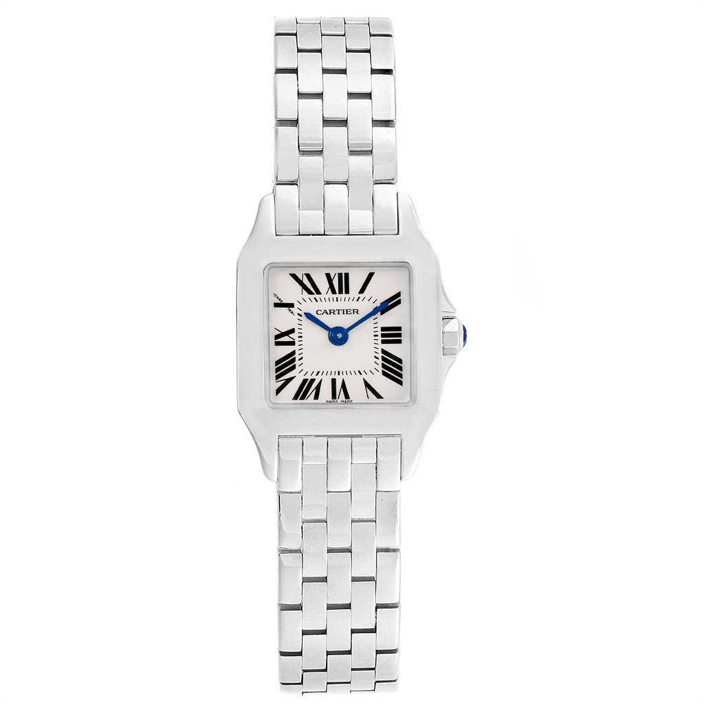 The image shows a front view of a Cartier Santos Demoiselle W25065Z5 Women's Steel and Gold (two tone) Silver Dial W25065Z5 Women's Steel and Gold (two tone) Silver Dial watch, displaying the dial, hands, and bracelet.