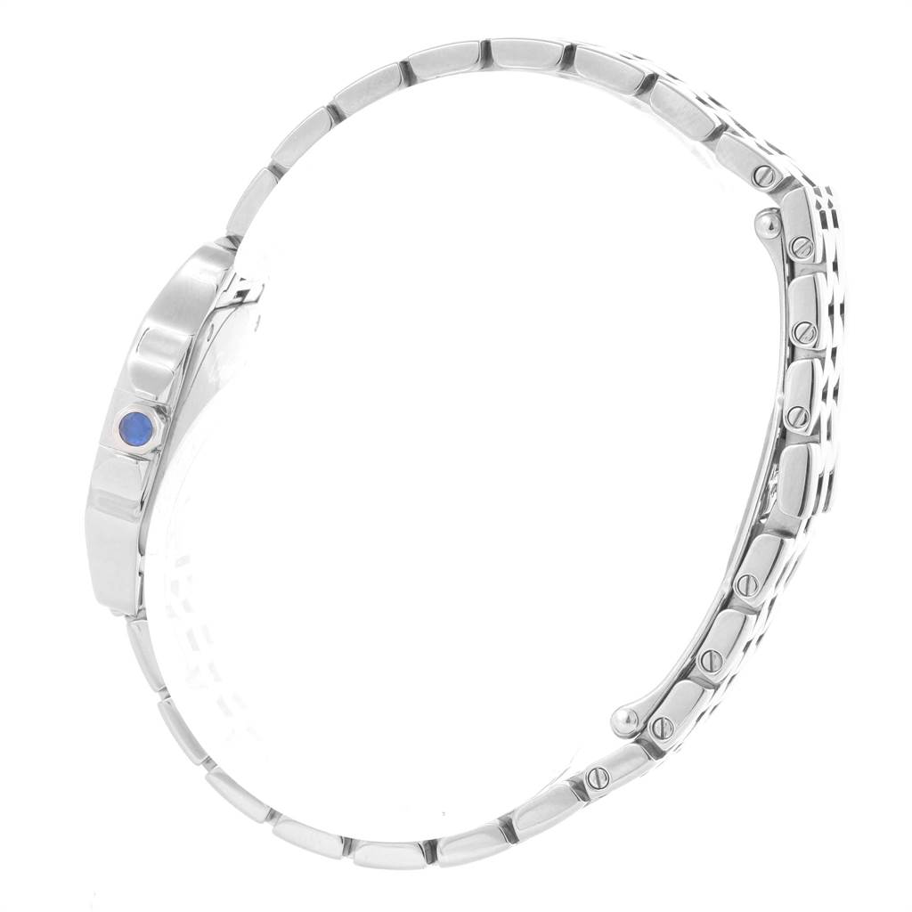 The image displays a side view of the Cartier Santos Demoiselle W25065Z5 Women's Steel and Gold (two tone) Silver Dial W25065Z5 Women's Steel and Gold (two tone) Silver Dial watch, highlighting its bracelet and case.