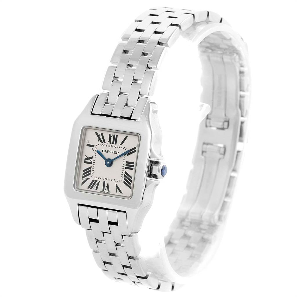 The Cartier Santos Demoiselle W25065Z5 Women's Steel and Gold (two tone) Silver Dial W25065Z5 Women's Steel and Gold (two tone) Silver Dial watch is shown at a slight angle, displaying its silver case, white face with Roman numerals, and metal bracelet.