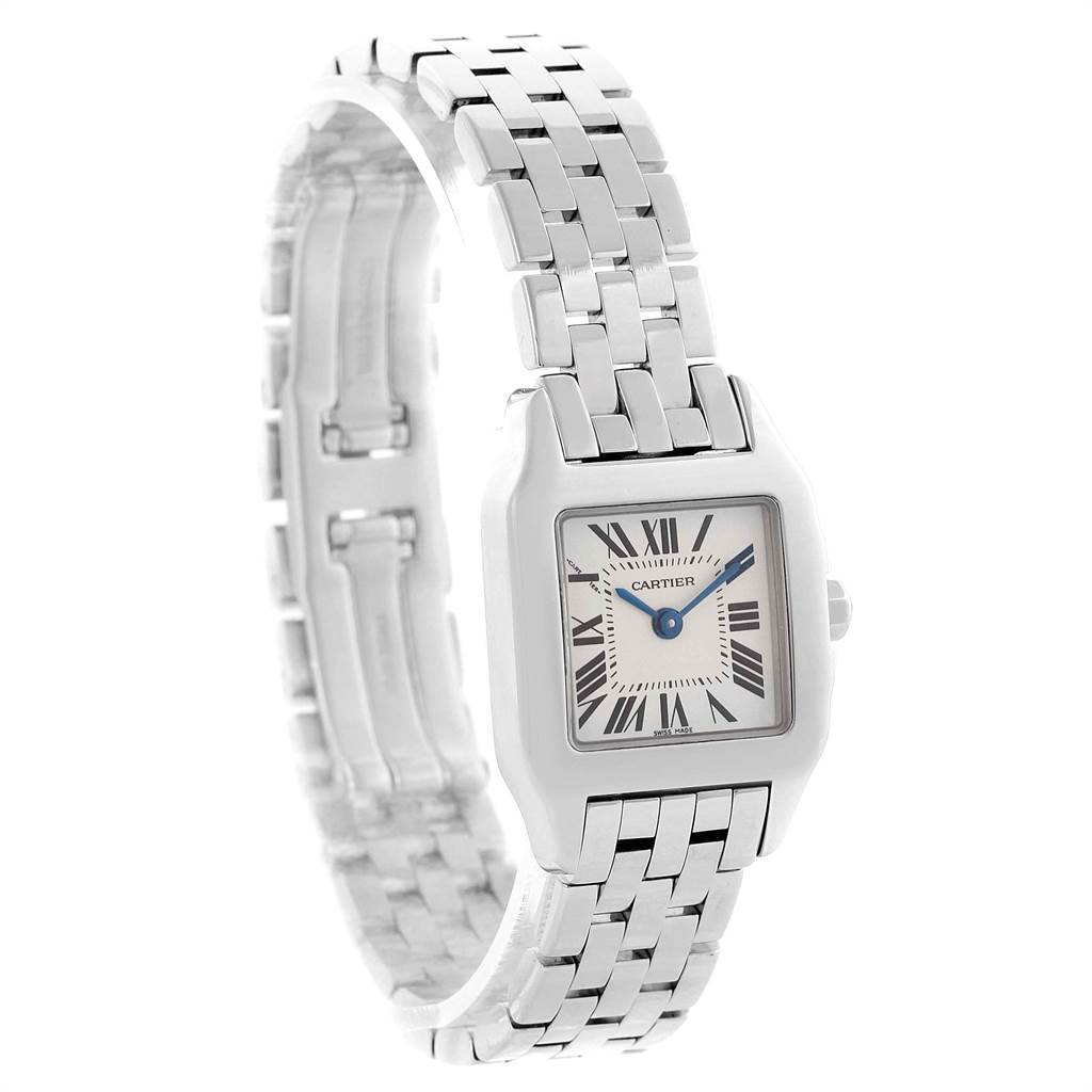 The image shows a Cartier Santos Demoiselle W25065Z5 Women's Steel and Gold (two tone) Silver Dial W25065Z5 Women's Steel and Gold (two tone) Silver Dial watch at a three-quarters angle, displaying its face and metal bracelet.