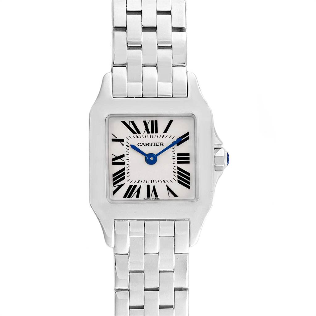 This image shows a front view of the Cartier Santos Demoiselle W25065Z5 Women's Steel and Gold (two tone) Silver Dial W25065Z5 Women's Steel and Gold (two tone) Silver Dial watch, highlighting the face, bezel, and part of the metal bracelet.