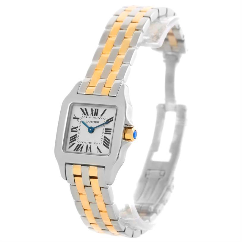 The image shows the Santos Demoiselle model by Cartier from an angled front view, highlighting the face, bezel, and two-tone bracelet.