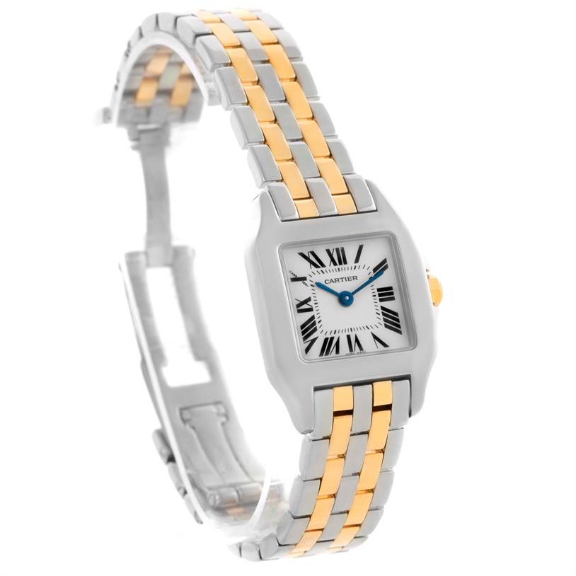 The image shows a Cartier Santos Demoiselle W25066Z6 Women's Steel and Gold (two tone) Silver Dial W25066Z6 Women's Steel and Gold (two tone) Silver Dial watch at a three-quarter angle, highlighting the face, case, and part of the bracelet.