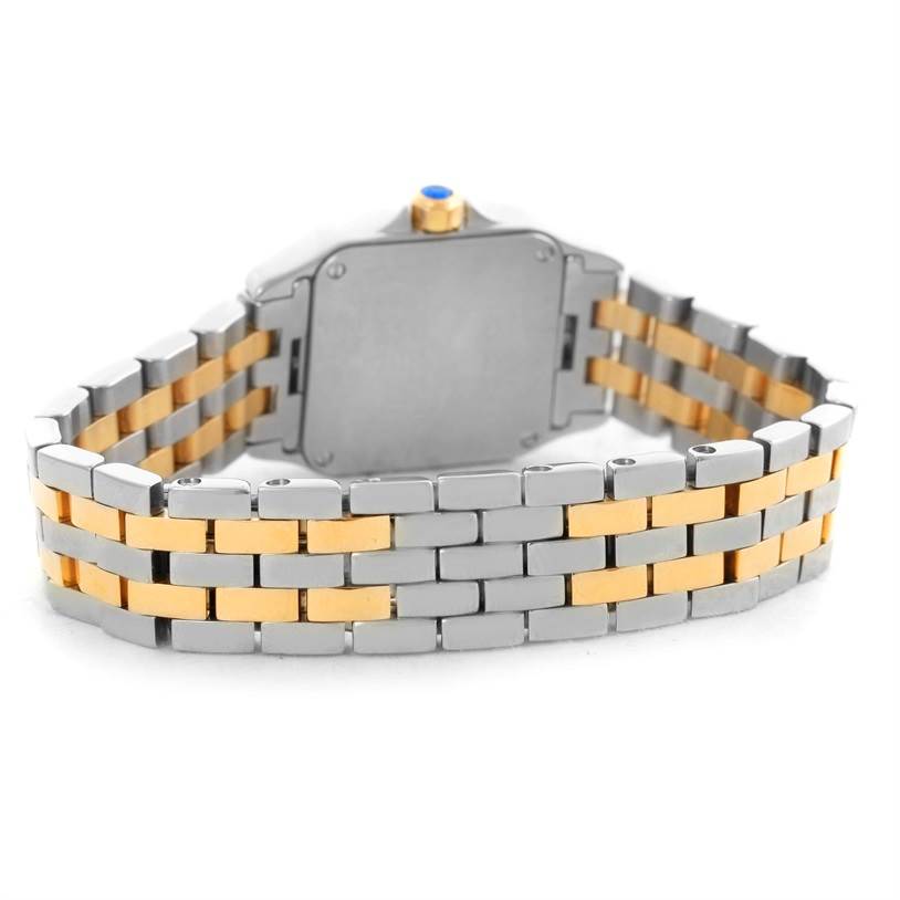 The image shows the back view of the Cartier Santos Demoiselle W25066Z6 Women's Steel and Gold (two tone) Silver Dial W25066Z6 Women's Steel and Gold (two tone) Silver Dial watch, highlighting its metal and gold bracelet.