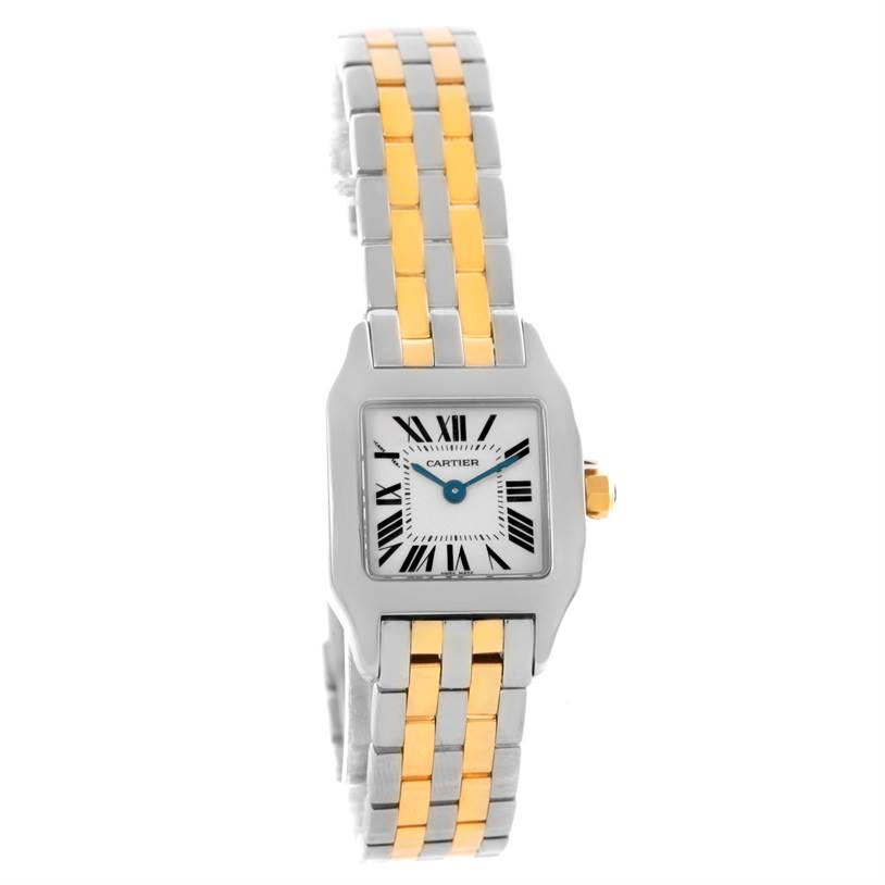The image shows a front view of the Cartier Santos Demoiselle W25066Z6 Women's Steel and Gold (two tone) Silver Dial W25066Z6 Women's Steel and Gold (two tone) Silver Dial watch, highlighting its two-tone metal bracelet and square face.