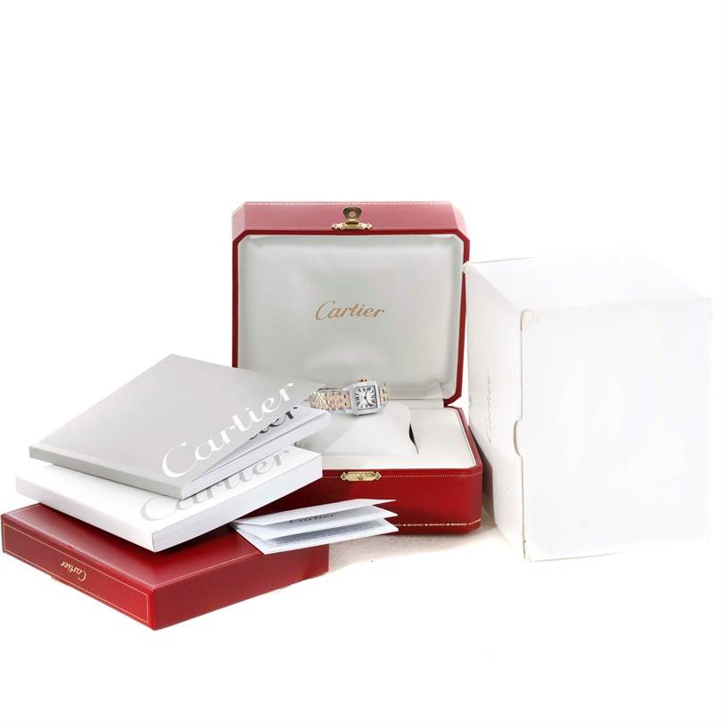 The Cartier Santos Demoiselle W25066Z6 Women's Steel and Gold (two tone) Silver Dial W25066Z6 Women's Steel and Gold (two tone) Silver Dial watch is shown inside its open box, surrounded by booklets and packaging.