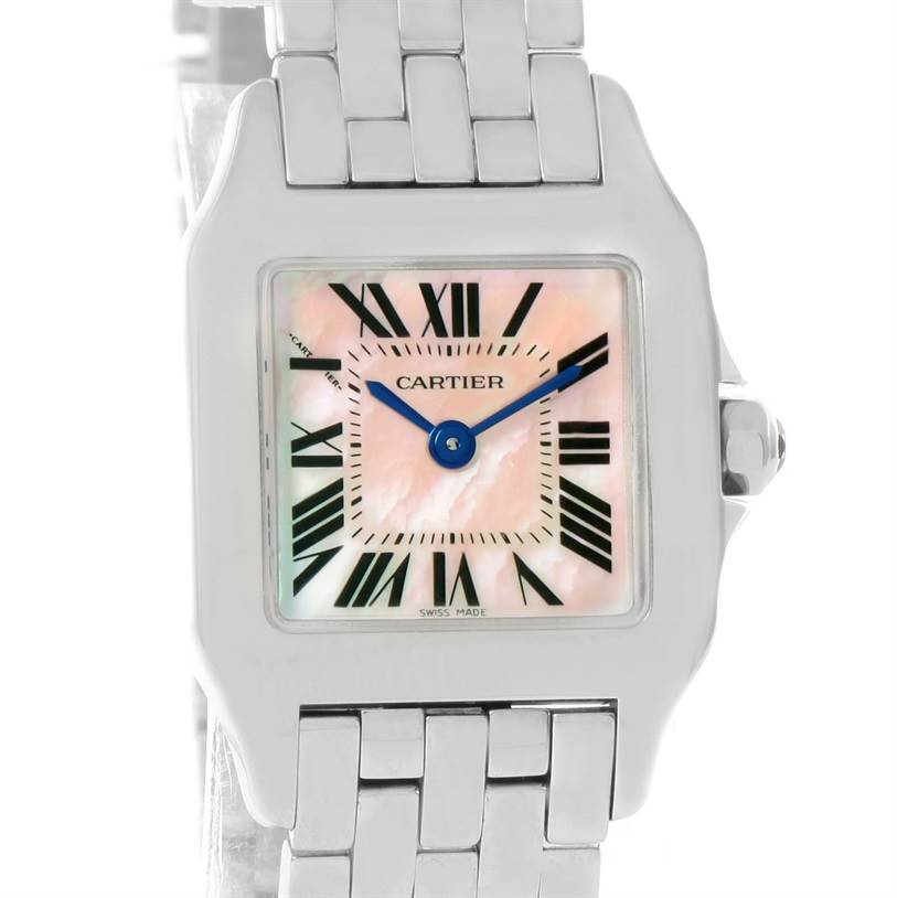 The image shows a front-view angle of the Cartier Santos Demoiselle W25075Z5 Women
s Stainless Steel Mother of Pearl Dial W25075Z5 Women
s Stainless Steel Mother of Pearl Dial watch, highlighting the dial, bezel, and bracelet.