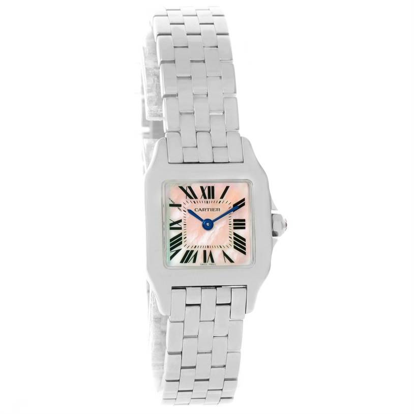 The image shows a Cartier Santos Demoiselle W25075Z5 Women
s Stainless Steel Mother of Pearl Dial W25075Z5 Women
s Stainless Steel Mother of Pearl Dial watch from a front angle, displaying the face and band.