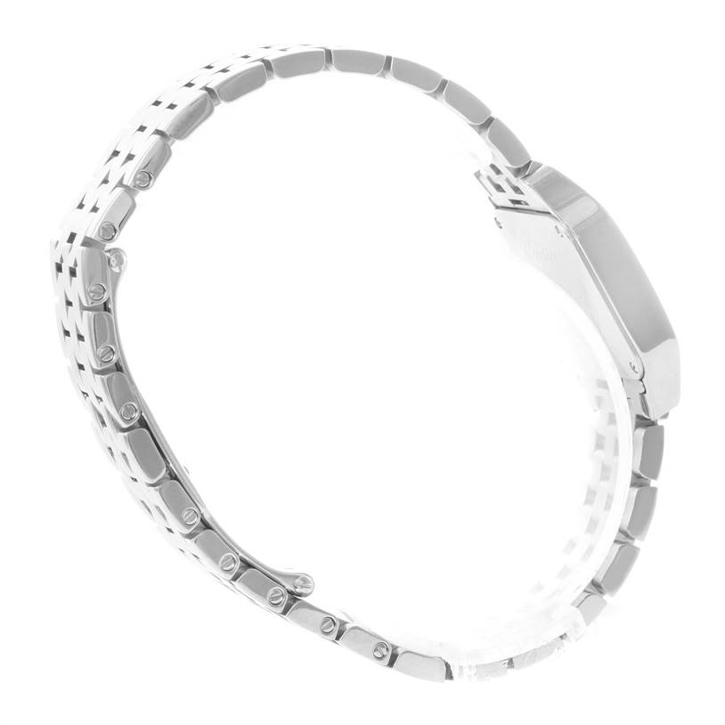 The image shows a side view of the Cartier Santos Demoiselle W25075Z5 Women
s Stainless Steel Mother of Pearl Dial W25075Z5 Women
s Stainless Steel Mother of Pearl Dial watch, highlighting its bracelet links and case side.