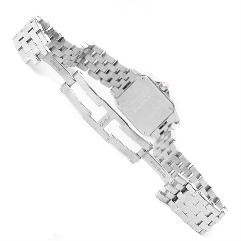 The image shows the Santos Demoiselle model by Cartier from the backside, highlighting the stainless steel bracelet and the clasp.