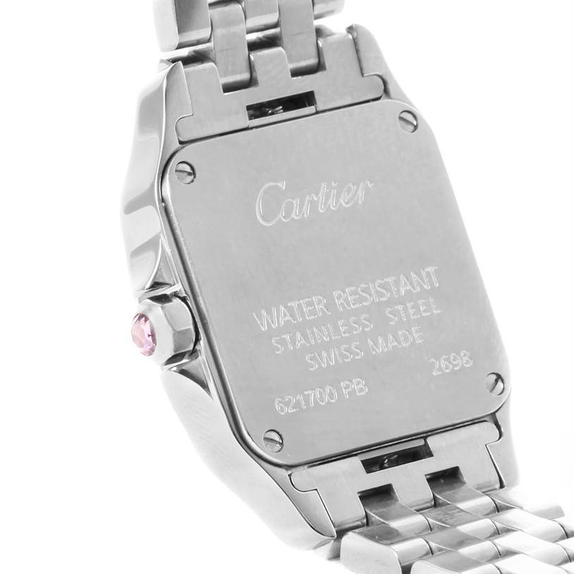 The image shows the back of the Santos Demoiselle model by Cartier with the bracelet and watch case details.
