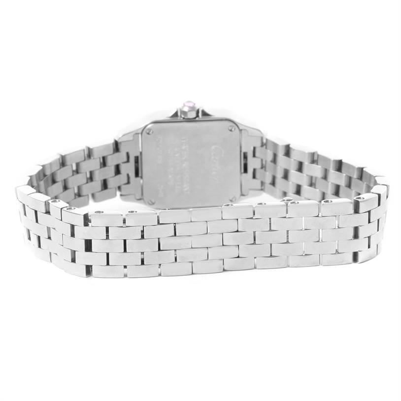 The image shows the back and bracelet of the Santos Demoiselle watch by Cartier, highlighting the case back and metal links.