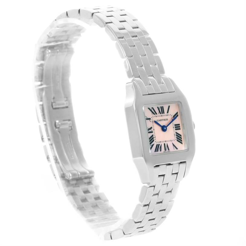 The image shows a front side angle of the Cartier Santos Demoiselle W25075Z5 Women
s Stainless Steel Mother of Pearl Dial W25075Z5 Women
s Stainless Steel Mother of Pearl Dial watch, highlighting its square dial and metal bracelet.