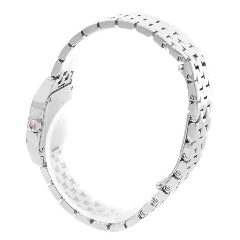 The image shows a side view of the Santos Demoiselle model watch by Cartier, focusing on the bracelet and clasp.