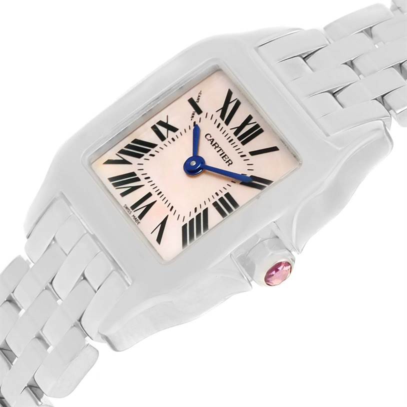 The image shows a close-up angle of a Cartier Santos Demoiselle W25075Z5 Women's Stainless Steel Mother of Pearl Dial W25075Z5 Women's Stainless Steel Mother of Pearl Dial watch, highlighting its face, Roman numerals, and part of the bracelet.