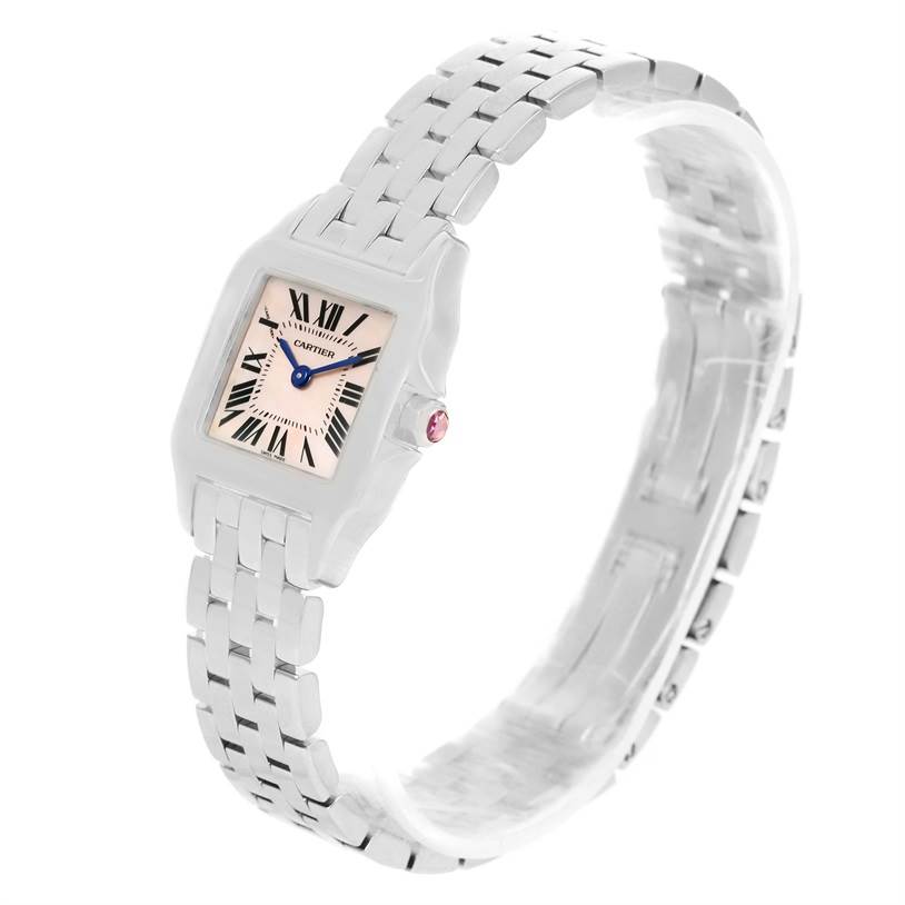 The image shows a frontal left-side angle of the Cartier Santos Demoiselle W25075Z5 Women's Stainless Steel Mother of Pearl Dial W25075Z5 Women's Stainless Steel Mother of Pearl Dial watch, highlighting its face and metal bracelet.