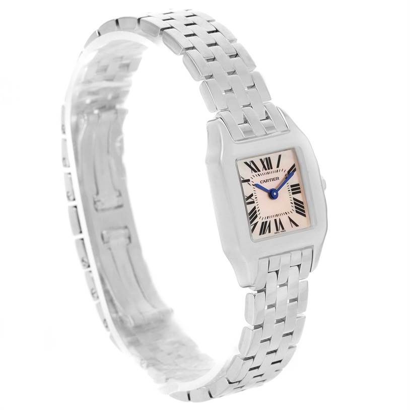 The image shows a Cartier Santos Demoiselle W25075Z5 Women's Stainless Steel Mother of Pearl Dial W25075Z5 Women's Stainless Steel Mother of Pearl Dial watch at an angled side view, displaying its face, bezel, and metal bracelet.