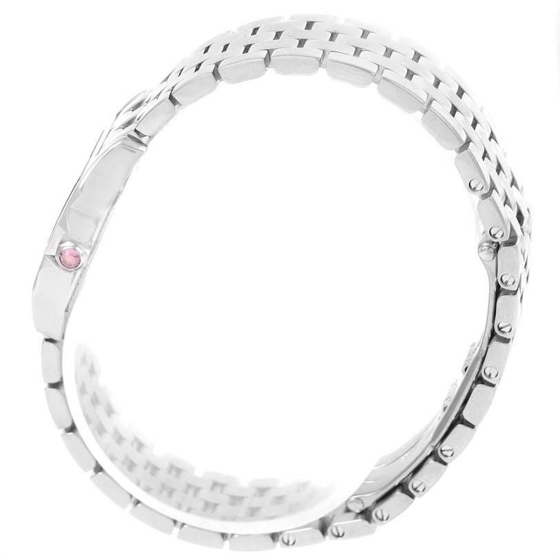 This image shows the bracelet and clasp of the Cartier Santos Demoiselle W25075Z5 Women's Stainless Steel Mother of Pearl Dial W25075Z5 Women's Stainless Steel Mother of Pearl Dial watch from a side angle.