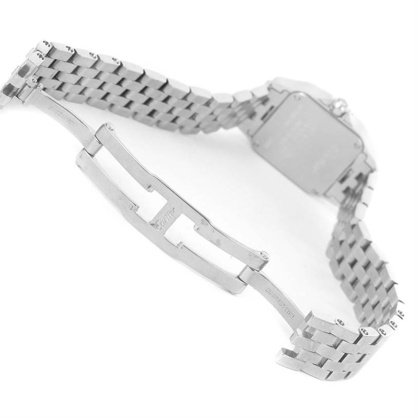 This image shows the open clasp and backside of the strap of a Cartier Santos Demoiselle W25075Z5 Women's Stainless Steel Mother of Pearl Dial W25075Z5 Women's Stainless Steel Mother of Pearl Dial watch.