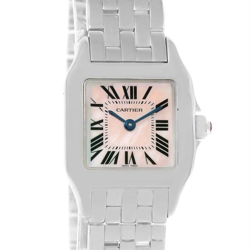 The image shows a front view of the Cartier Santos Demoiselle W25075Z5 Women's Stainless Steel Mother of Pearl Dial W25075Z5 Women's Stainless Steel Mother of Pearl Dial watch, highlighting the face, bezel, and part of the bracelet.