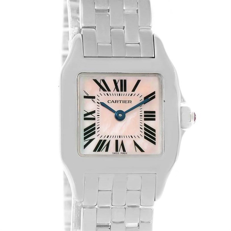 The image shows a front view of the Cartier Santos Demoiselle watch, highlighting the face, bezel, and part of the bracelet.