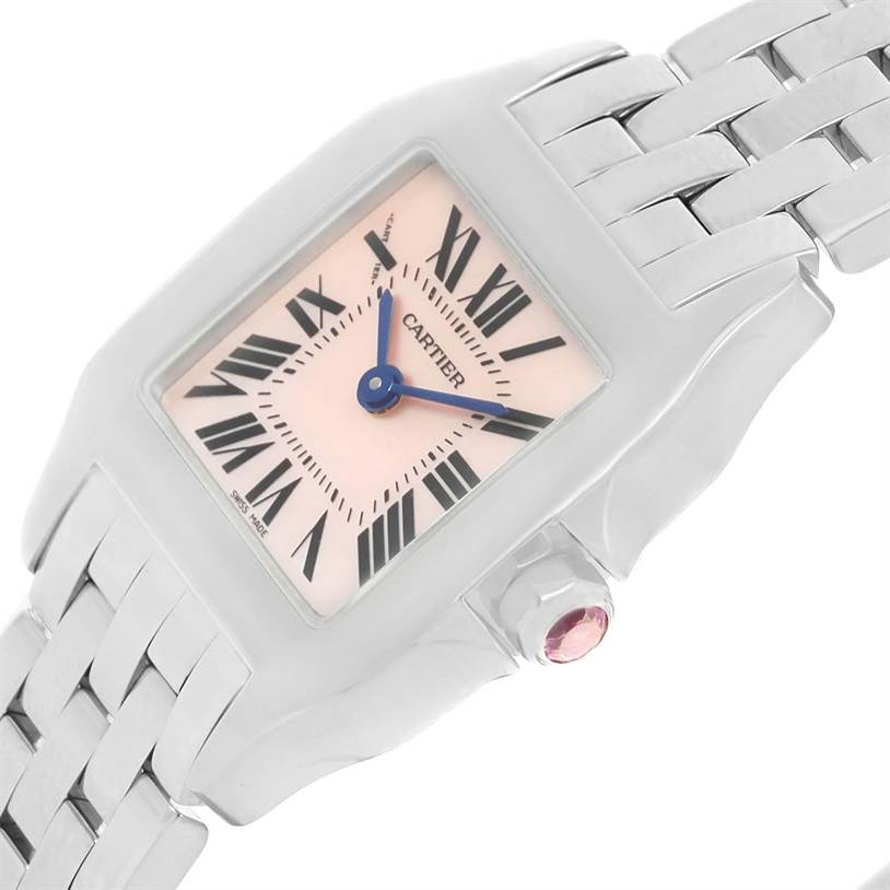 The image shows a close-up angle of the Cartier Santos Demoiselle W25075Z5 Women
s Stainless Steel Mother of Pearl Dial W25075Z5 Women
s Stainless Steel Mother of Pearl Dial watch, highlighting the face, bezel, and part of the bracelet.