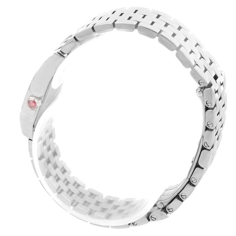 The image shows the bracelet and clasp of the Santos Demoiselle model by Cartier from a side angle.