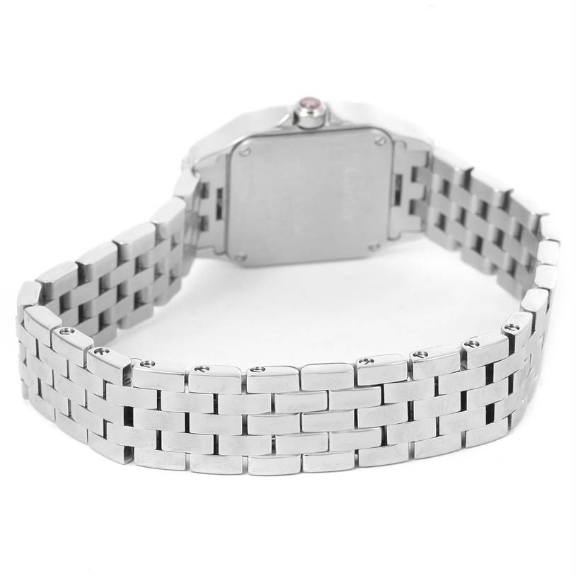 The image shows the back view of a Cartier Santos Demoiselle W25075Z5 Women
s Stainless Steel Mother of Pearl Dial W25075Z5 Women
s Stainless Steel Mother of Pearl Dial watch, highlighting its square case and metal bracelet.