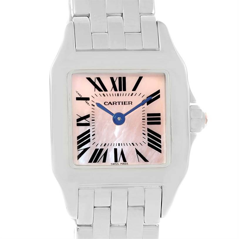 The image shows a front view of the Cartier Santos Demoiselle W25075Z5 Women
s Stainless Steel Mother of Pearl Dial W25075Z5 Women
s Stainless Steel Mother of Pearl Dial watch, highlighting its face, bezel, and part of the bracelet.