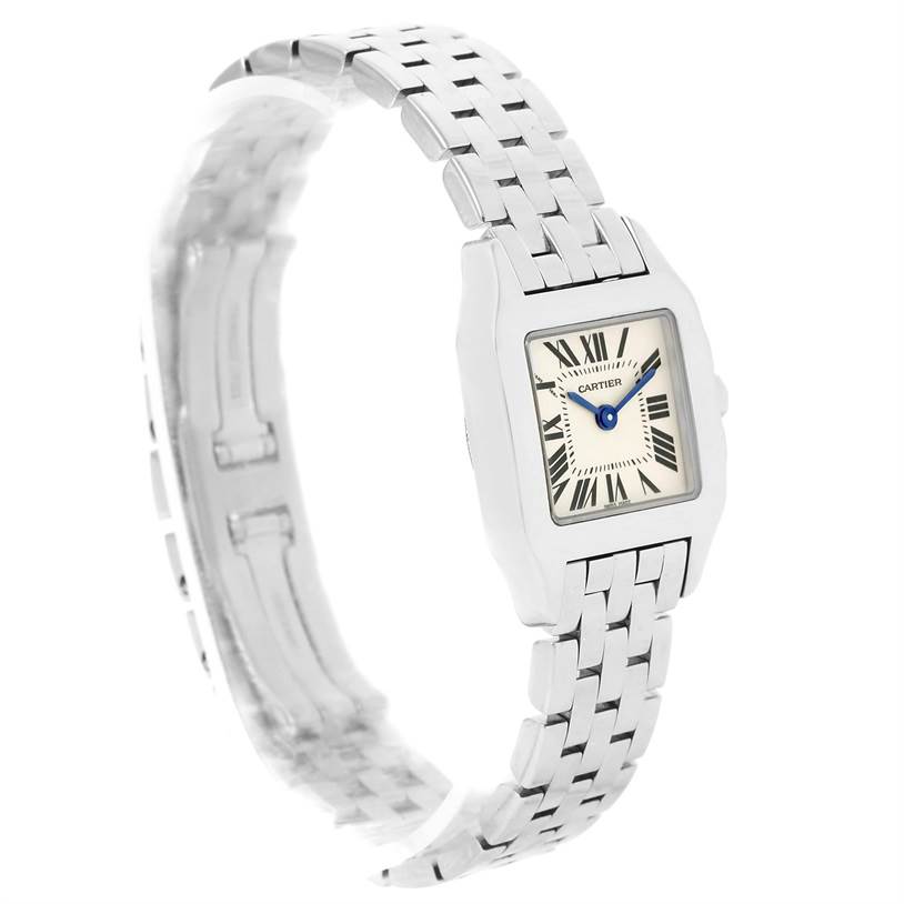 The image shows a side-angle view of a Cartier Santos Demoiselle W25064Z5 Women's Stainless Steel Silver Dial W25064Z5 Women's Stainless Steel Silver Dial watch, displaying its bracelet and face.