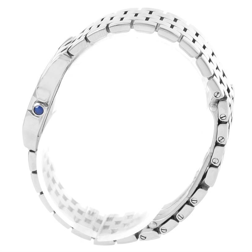 This image shows a side view of the bracelet and part of the case of the Cartier Santos Demoiselle W25064Z5 Women's Stainless Steel Silver Dial W25064Z5 Women's Stainless Steel Silver Dial watch.