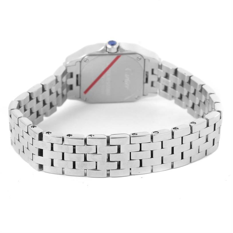 The image shows the back and bracelet of the Cartier Santos Demoiselle W25064Z5 Women's Stainless Steel Silver Dial W25064Z5 Women's Stainless Steel Silver Dial watch at an angle focused on the bracelet.