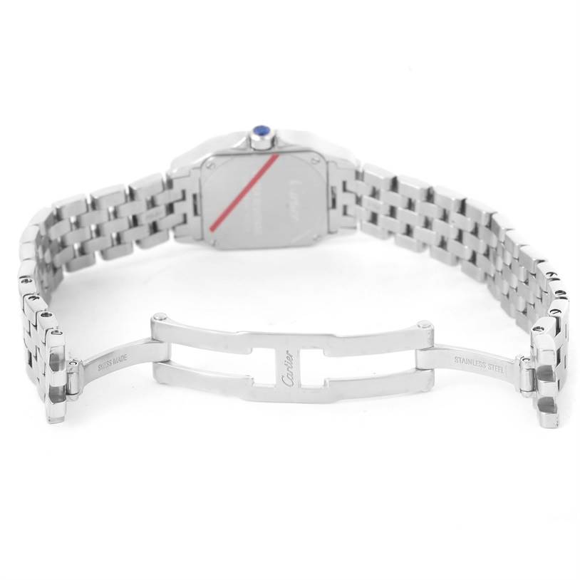 The image shows the open bracelet and case back of the Cartier Santos Demoiselle W25064Z5 Women's Stainless Steel Silver Dial W25064Z5 Women's Stainless Steel Silver Dial watch.