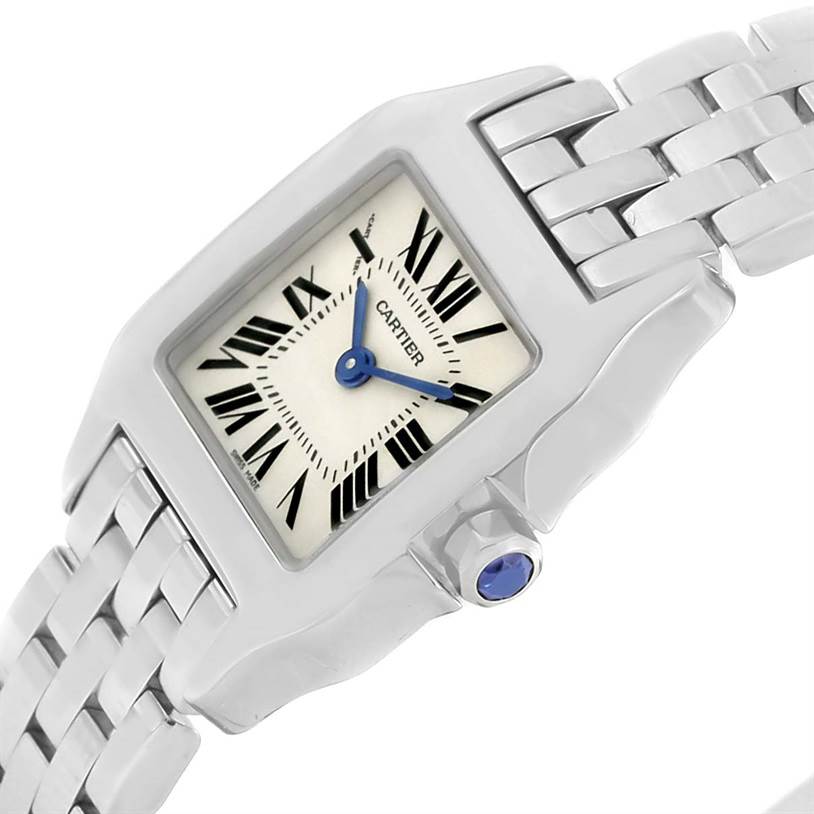 The image shows a close-up view of the Cartier Santos Demoiselle W25064Z5 Women's Stainless Steel Silver Dial W25064Z5 Women's Stainless Steel Silver Dial watch, focusing on the dial, band, and crown.