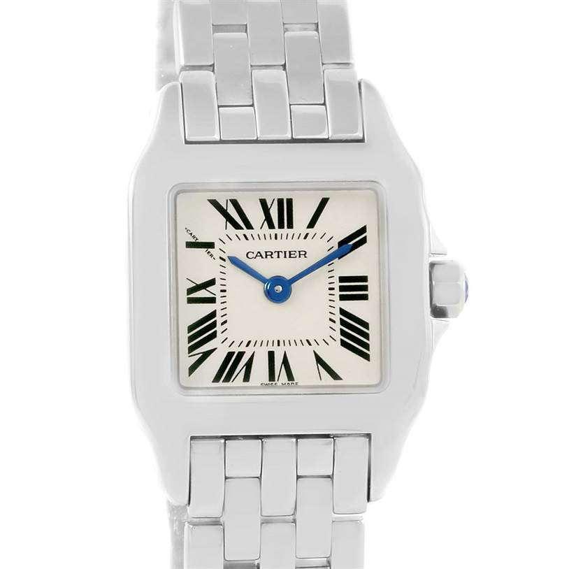 This image shows a front view of the Cartier Santos Demoiselle W25064Z5 Women's Stainless Steel Silver Dial W25064Z5 Women's Stainless Steel Silver Dial watch, highlighting its face, bezel, and part of its bracelet.