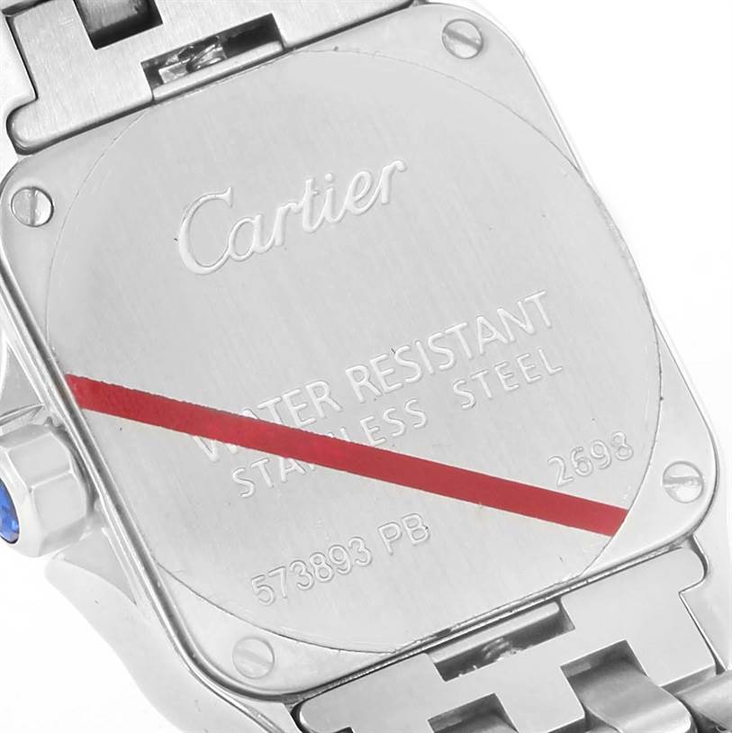 The image shows the back case of the Cartier Santos Demoiselle W25064Z5 Women's Stainless Steel Silver Dial W25064Z5 Women's Stainless Steel Silver Dial watch, highlighting the brand and model engravings.