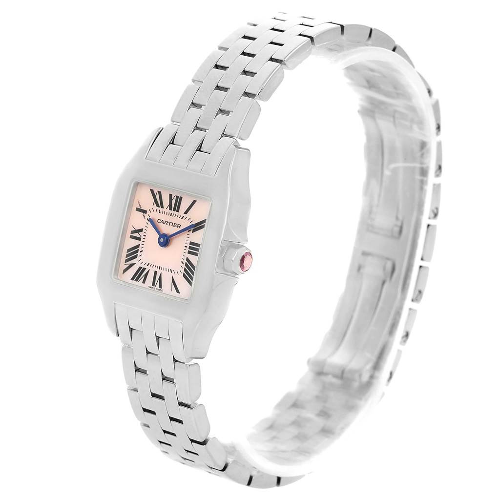 This image shows a side-angle view of the Cartier Santos Demoiselle W25075Z5 Women's Stainless Steel Mother of Pearl Dial W25075Z5 Women's Stainless Steel Mother of Pearl Dial watch highlighting its face, bracelet, and crown with a gemstone.