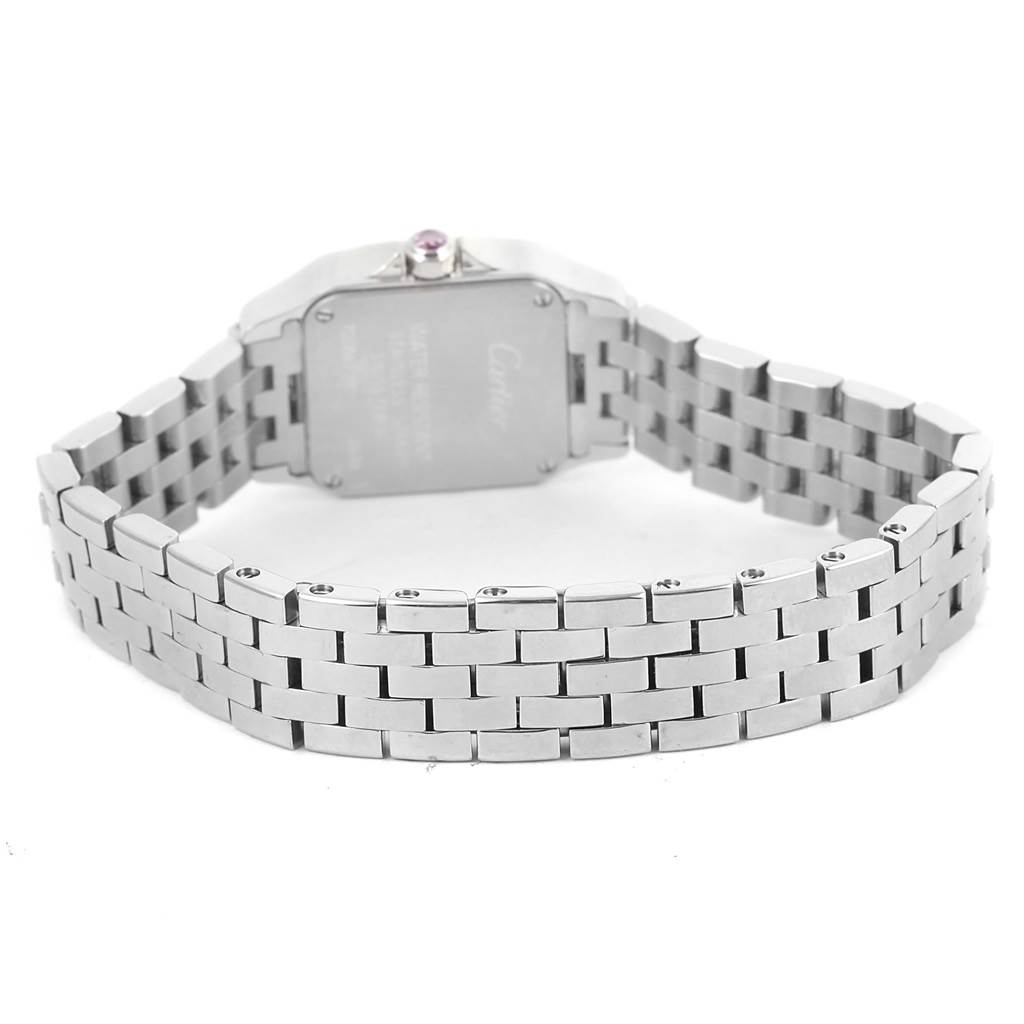 The Cartier Santos Demoiselle W25075Z5 Women's Stainless Steel Mother of Pearl Dial W25075Z5 Women's Stainless Steel Mother of Pearl Dial watch is shown from the back, displaying its case back and stainless steel bracelet.